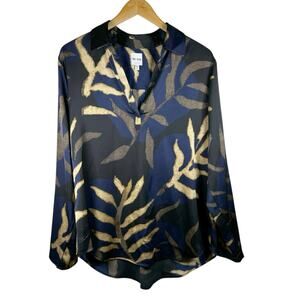 NIC+ZOE Midnight Fern Top Indigo Multi Popover Long Sleeve Blouse Top L Career